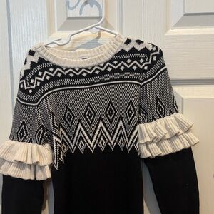 Black & White Fair Isle Ruffle Sleeve Sweater - Women